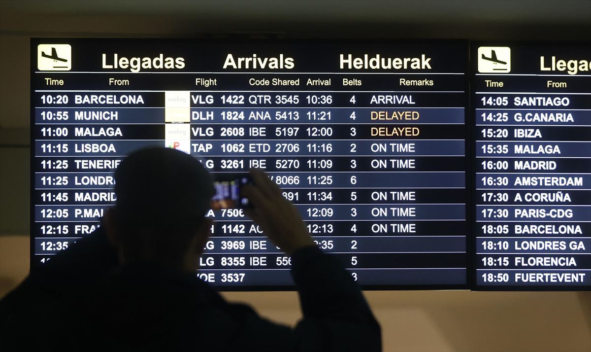 Un pasajero mirando el panel informativo de vuelos en el aeropuerto