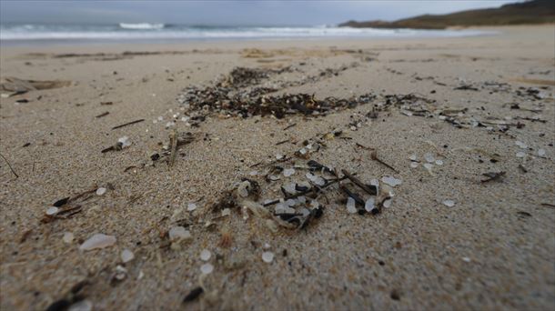 Miles de bolitas de pellets para la fabricación de plásticos en una playa gallega.