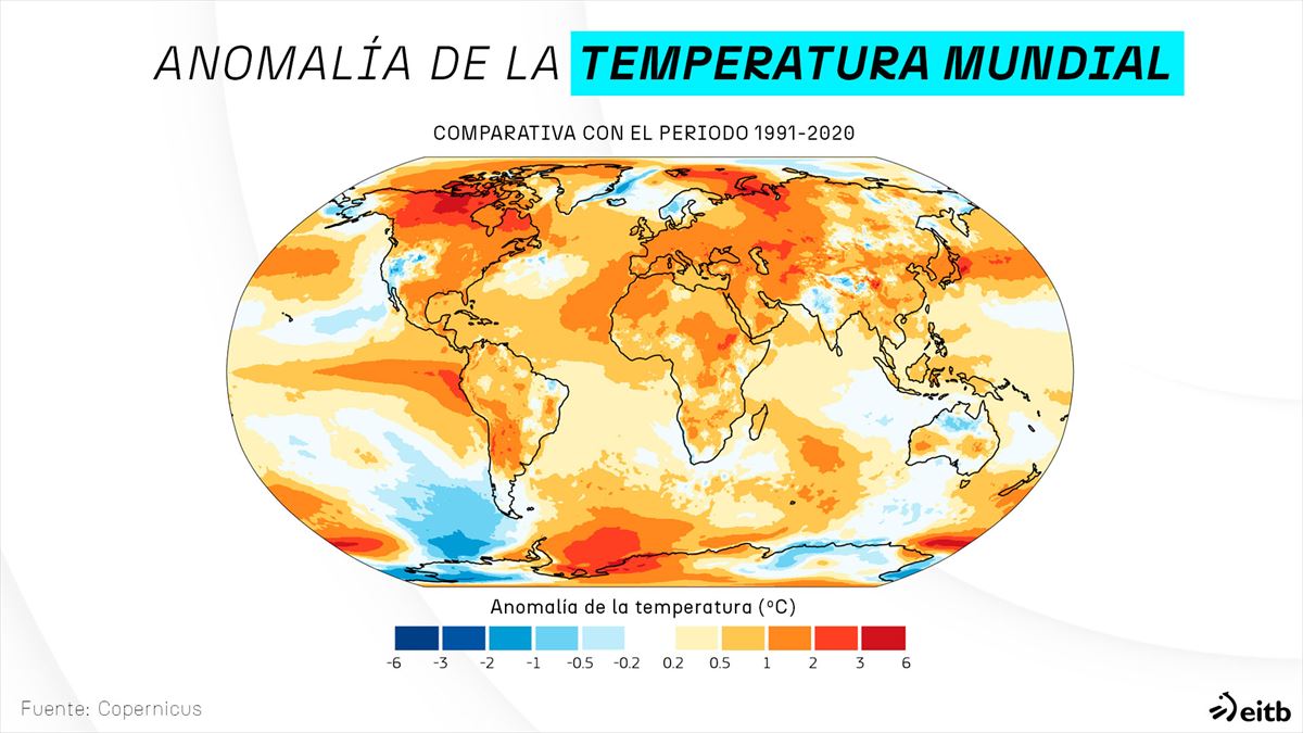 Comparativa de la temperatura media mundial de 2023 con el periodo 1991-2020.