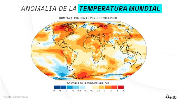 Comparativa de la temperatura media mundial de 2023 con el periodo 1991-2020.