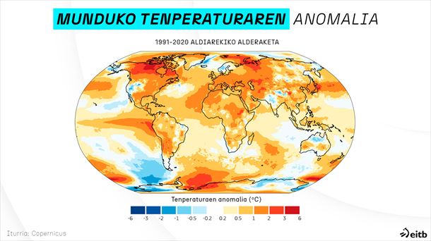 Munduko tenperatura 2023an, 1991-2020 aldiarekin konparatuta. 