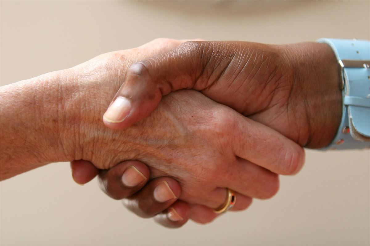 Dos personas estrechan la mano. 