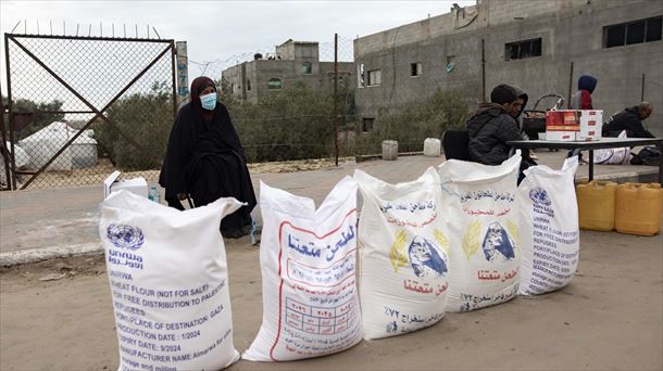 Emakume bat Gazan, UNRWAren laguntza zaku batzuen aurrean. Argazkia: EFE