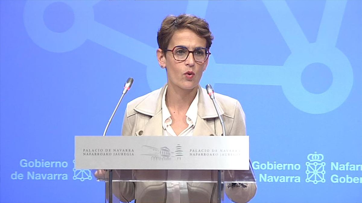 La presidenta de Navarra, María Chivite, durante la comparecencia de hoy. Imagen: EITB