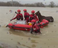 Bomberos rescatan en zódiac a un caballo atrapado en una finca inundada de Jundiz