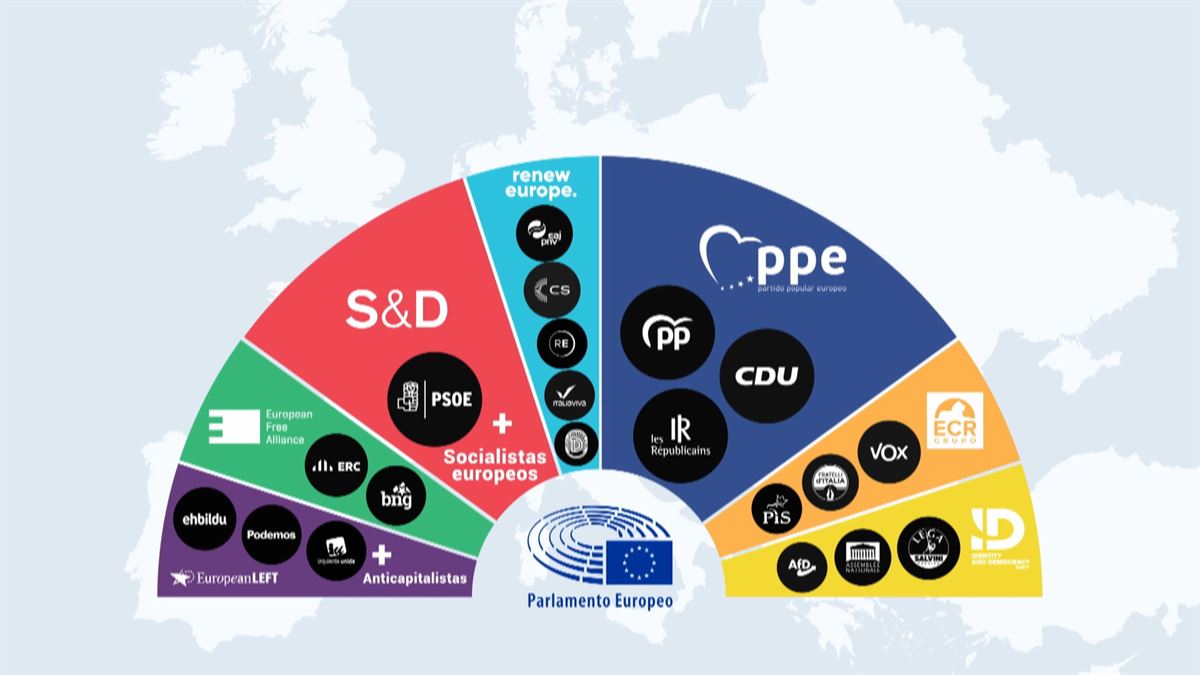 Grupos en el Parlamento Europeo. Imagen obtenida de un vídeo de EITB Media.