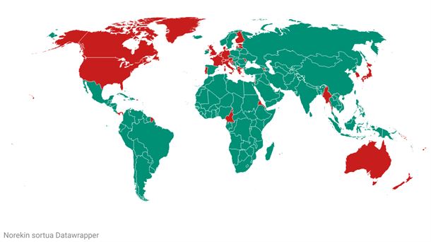 Berdez, Palestina estatu gisa onartzen duten herrialdeak.