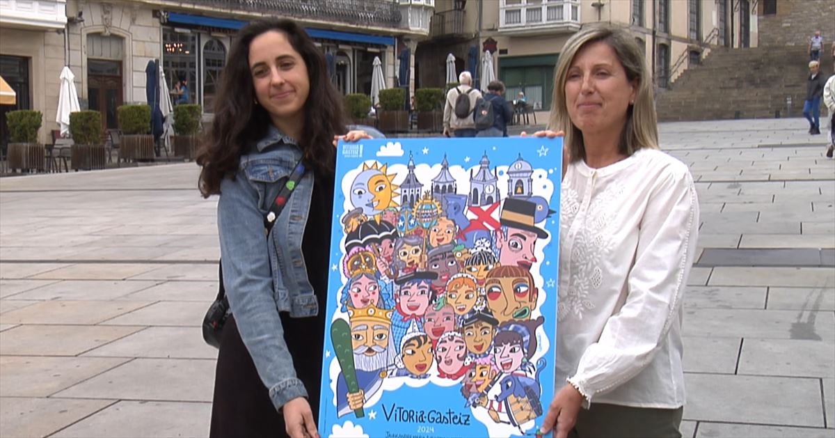 Amaia Arrazola con su cartel. Imagen obtenida de un vídeo de EITB Media.