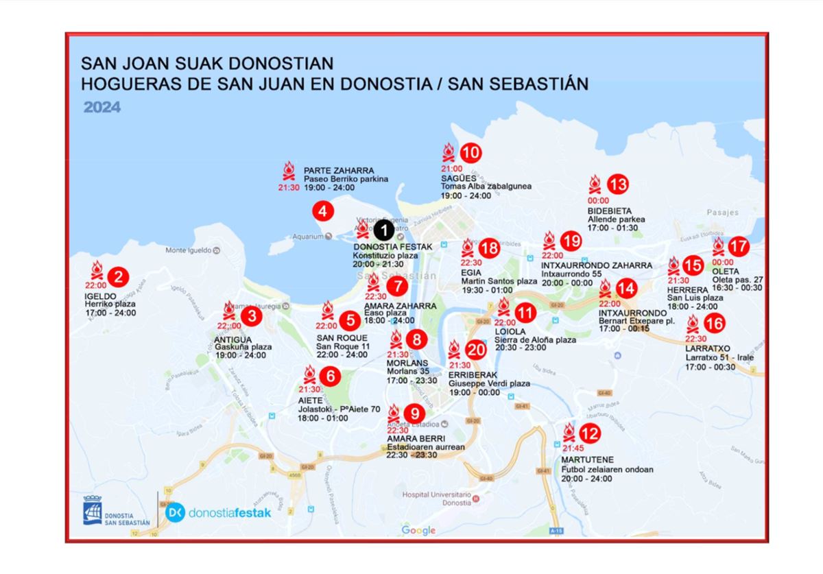 Mapa de las hogueras de Donostia. Foto: Donostia Kultura.