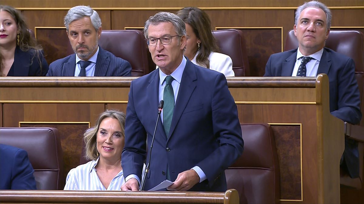 El líder del PP, Alberto Núñez Feijóo, durante su intervención