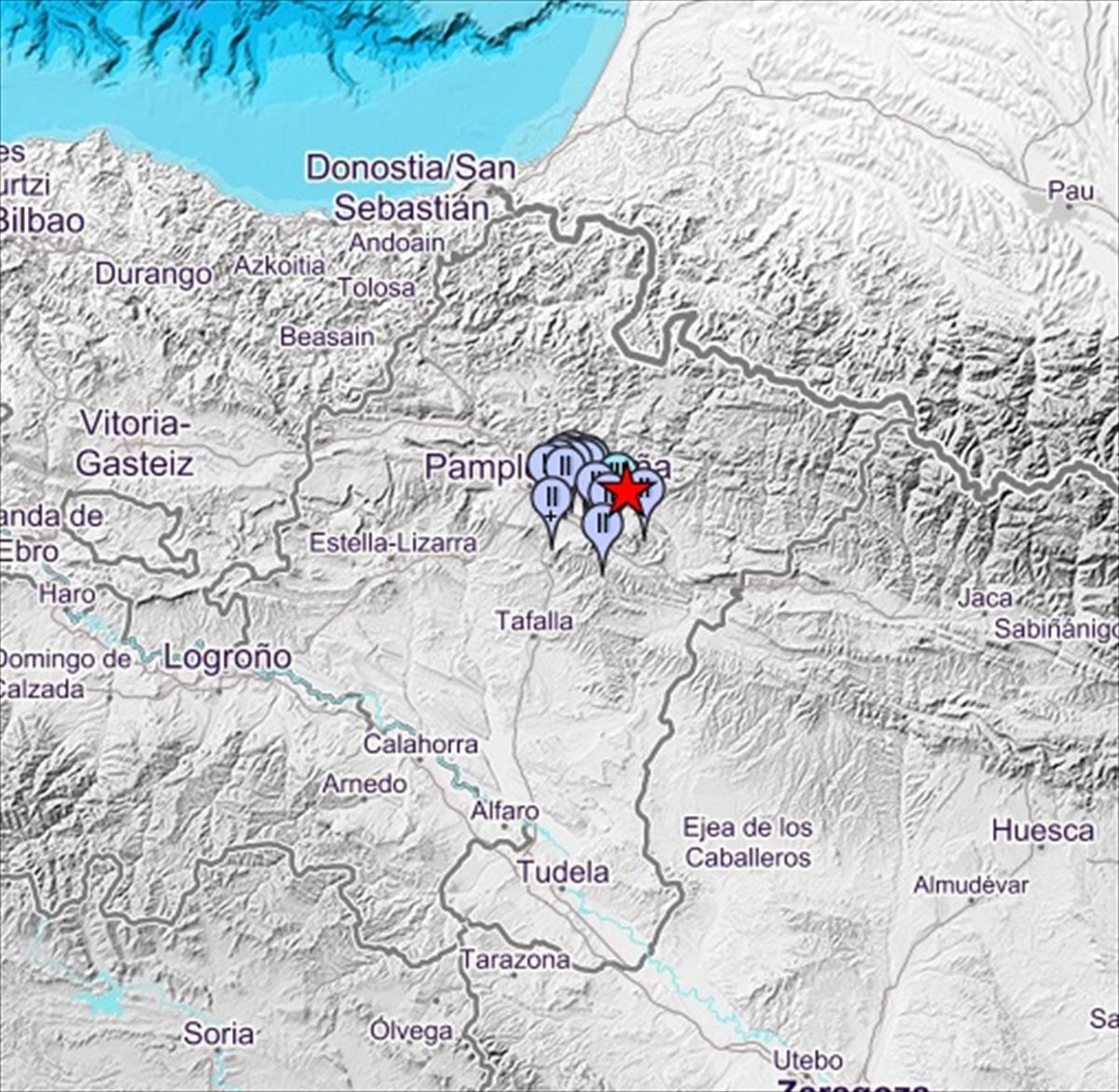 El epicentro, señalado con una estrella roja, y las localidades donde se ha sentido el temblor. 