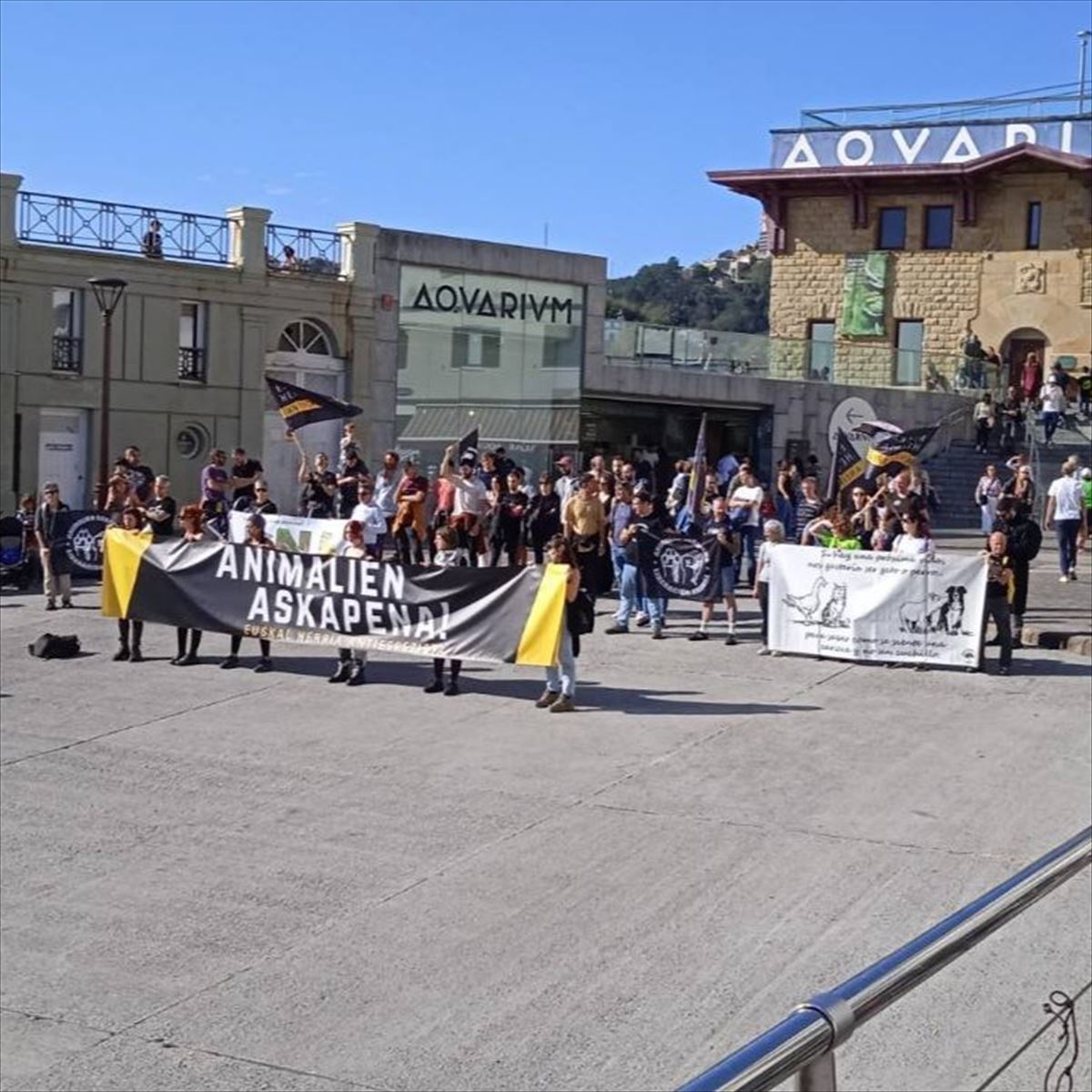 Protesta del colectivo antiespecista en el exterior del Aquiarium. Foto: @NORantiespezist
