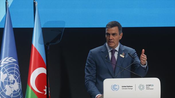 Pedro Sanchez Espainiako Gobernuko presidentea, COP29 klimaren goi-bileran. Argazkia: EFE