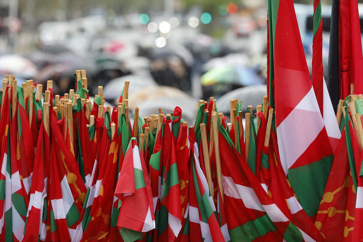 Grupo de ikurriñas hoy en Pamplona. Foto: EFE