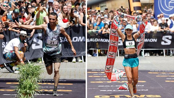 Elhousine Elazzaoui y Sara Alonso, en la meta de Zegama. EFE